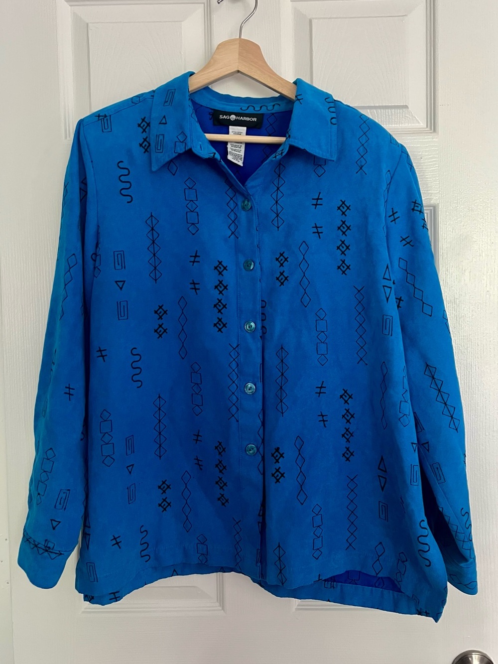 Sag Harbor Blue Geometric Faux Suede Button-Up Top